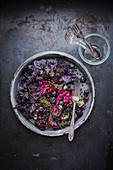 Red cabbage salad with lentils, blackberries, pomegranate seeds and dill