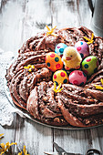 Yeast dough wreath filled with chocolate spread for Easter
