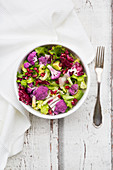 Mixed leaf salad with purple cauliflower, avocado and pomegranate seeds