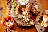 Cevapcici with ajvar (grilled minced meat rolls, Balkans)