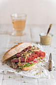 Pastrami sandwich with mustard dressing