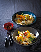 Pumpkin rice with cashew nuts and raita (vegan)