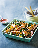 Pork sausages with braised lentils and Swiss chard