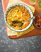 Lentil bobotie with tomato and onion salsa