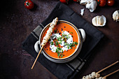 Tomato and pepper soup with puff pastry sticks (vegan)