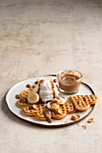 Waffles with caramel sauce and ice-cream