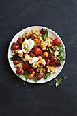 Roast tomato and bread salad with olives and mozzarella