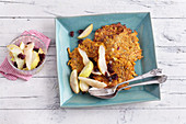 Seeded sweet potato fritters with cranberry and pear compote