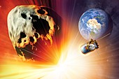 Asteroid deflection using nuclear explosion, illustration