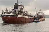 Ship taking on supplies, Michigan, USA
