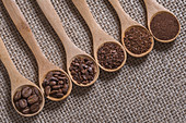 Coffee beans and grinds on wooden spoons