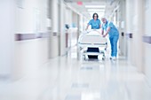 Two doctors pushing hospital bed