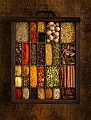 Selection of dried spices in drawer