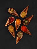 Dried spices in wooden spoons