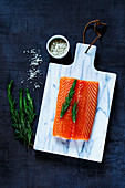 Fresh raw salmon fillet with rosemary and grey salt on marbre cutting board
