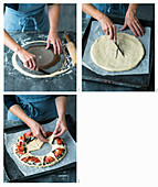 A manchego and chorizo bread wreath being made