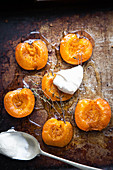 Apricots roasted in honey and thyme with cream