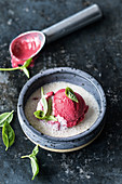 Fast raspberry ice cream with coconut milk and basil