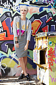 A blonde woman wearing a grey jumper and a skirt in front of a graffitied wall