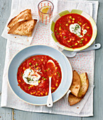 Tomato and corn soup with cheese tortillas