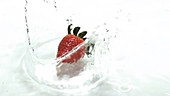 Strawberry falling in water, slow motion