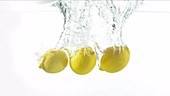 Lemons falling in water, slow motion