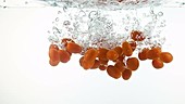 Cherry tomatoes falling in water, slow motion
