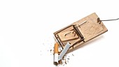 Cigarette in mousetrap, slow motion