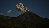 Reventador volcano erupting at night, time-lapse footage