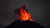 Reventador volcano erupting at night