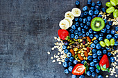 Healthy ingredients for muesli and smoothies (seen from above)