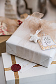Wrapped present with label and wax seal