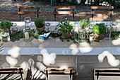 Outdoor table decorated with herb pots and lanterns