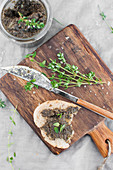 Vegan tapenade made with black olives, olive oil, capers and sea salt