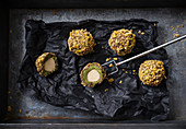 Matcha and marzipan balls, coated in cornflakes (vegan)