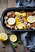 Soy medallions with lemon, mushrooms and potatoes (vegan)