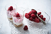 Layered desserts with biscuit, raspberry and vanilla cream, and fresh fruits (vegan)