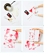 Instructions for gift wrapping with banderole made from colored paper
