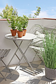 Grey folding table and chairs on balcony with patterned floor tiles and plants