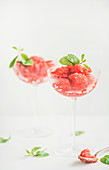 Healthy low calorie summer treat, Strawberry and champaigne granita or shaved ice dessert with mint in champaigne glasses, white background, copy space