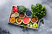 Healthy food clean eating selection in wooden box