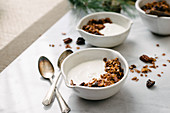 Bowls of yogurt and granola on a marble background