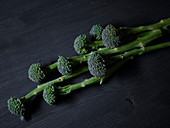 Fresh broccolini on a black wooden background