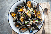 Mussels cooked in white wine