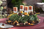 Unusual Advent Wreath Of Pine, With Cones And Orange Slices