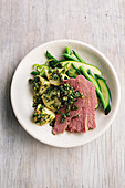 Balsamic corned beef with parsley relish