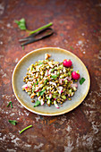Mung bean salad with celery, radishes, nuts and seeds