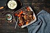 Slow cooked short ribs with carrots and mashed potatoes