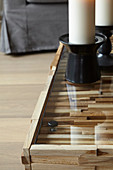 Detail of DIY coffee table with glass top