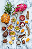 A variety of exotic fruits on a marble background